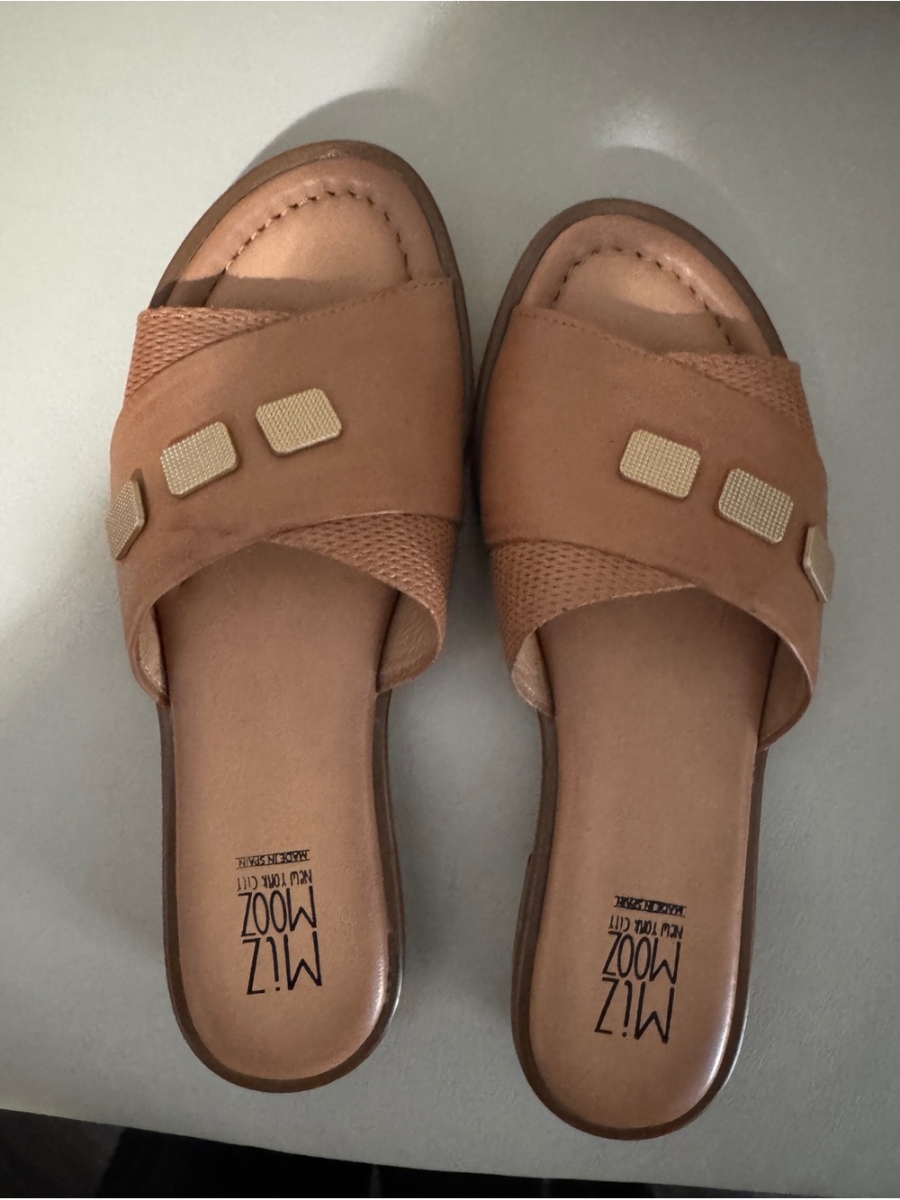 Miz Mooz Sookie Cognac Slide Mules with Gold Accents